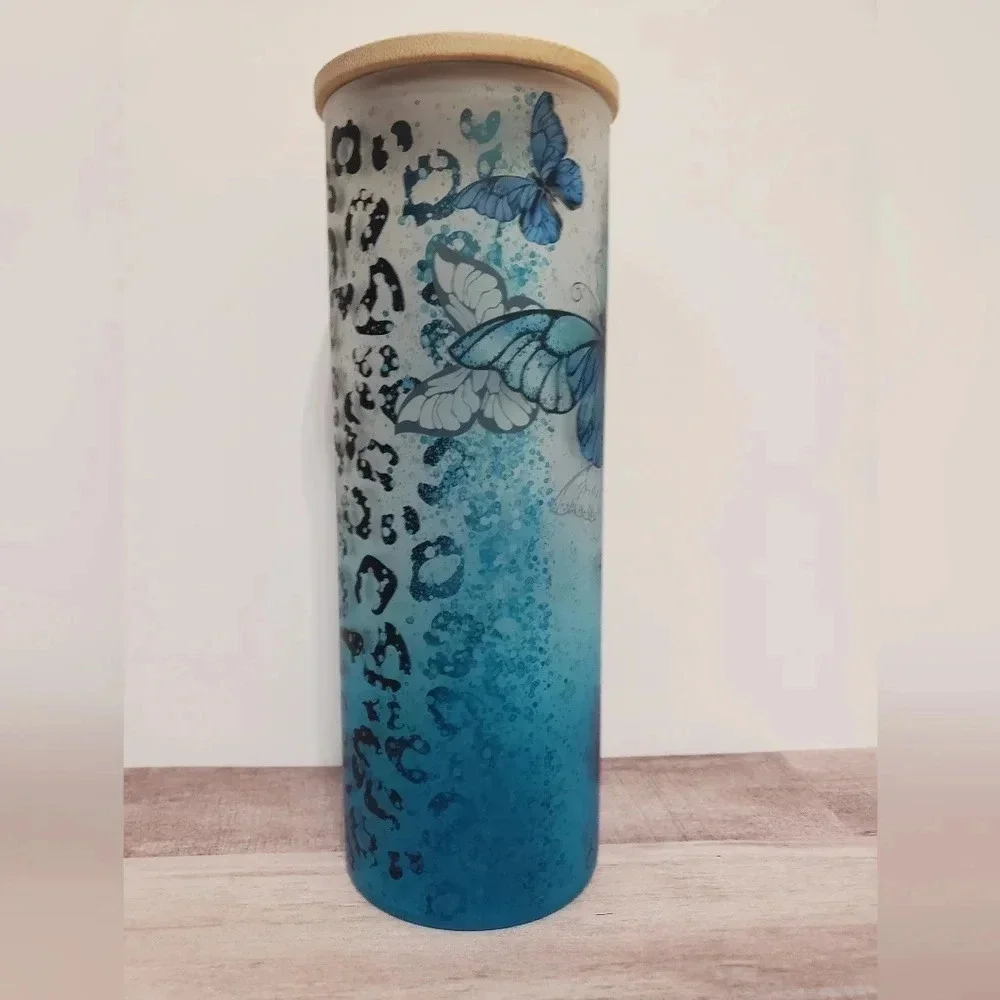 Butterfly leopard print ombre‎ frosted glass tumbler with lid and straw